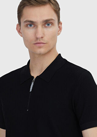 Siyah Polo Yaka Jakarlı Triko