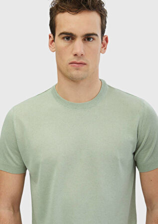 Açık Yeşil Bisiklet Yaka Düz Örgü Keten Karışımlı Triko