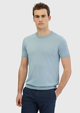 Açık Mavi Bisiklet Yaka Düz Örgü Keten Karışımlı Triko