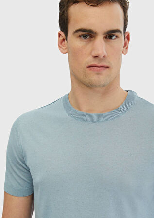 Açık Mavi Bisiklet Yaka Düz Örgü Keten Karışımlı Triko