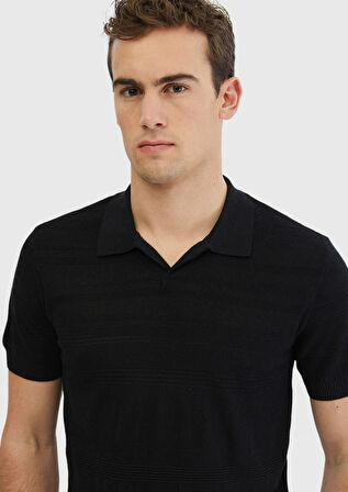 Siyah Polo Yaka Jakarlı Keten Karışımlı Triko