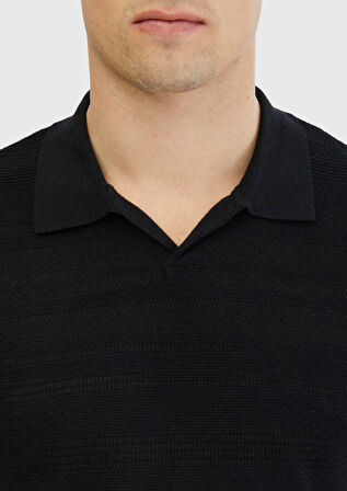 Siyah Polo Yaka Jakarlı Keten Karışımlı Triko