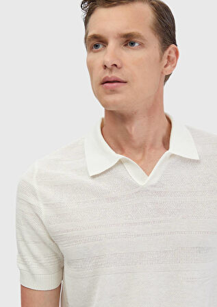 Ekru Polo Yaka Jakarlı Keten Karışımlı Triko