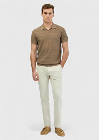 Vizon Polo Yaka Jakarlı Keten Karışımlı Triko