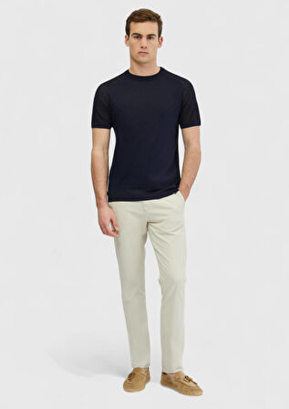 Lacivert Bisiklet Yaka Jakarlı Keten Karışımlı Triko