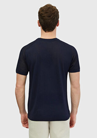 Lacivert Bisiklet Yaka Jakarlı Keten Karışımlı Triko