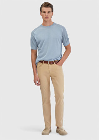 Açık Mavi Bisiklet Yaka Jakarlı Keten Karışımlı Triko