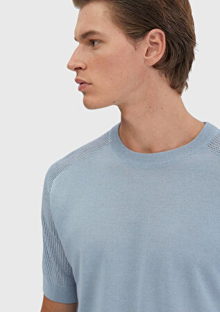 Açık Mavi Bisiklet Yaka Jakarlı Keten Karışımlı Triko