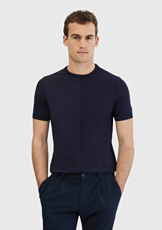 Lacivert Bisiklet Yaka Jakarlı Triko