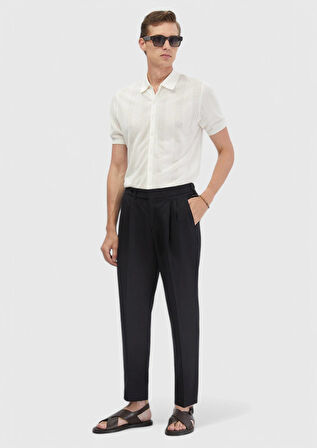 Ekru Polo Yaka Jakarlı Keten Karışımlı Hırka