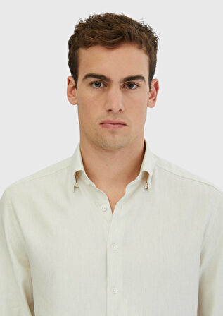 Ekru Çizgili Casual Fit Dokuma Casual Pamuk Karışımlı Gömlek