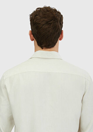 Ekru Çizgili Casual Fit Dokuma Casual Pamuk Karışımlı Gömlek