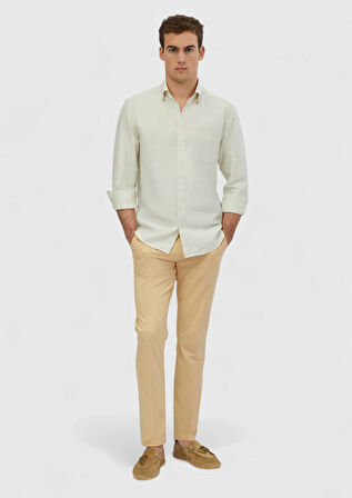 Ekru Çizgili Casual Fit Dokuma Casual Pamuk Karışımlı Gömlek