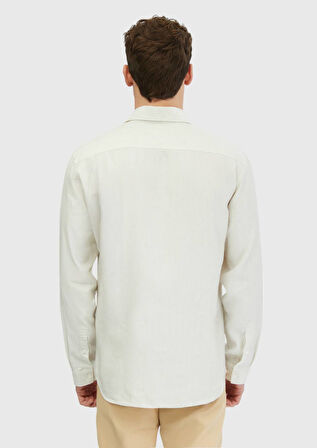 Ekru Çizgili Casual Fit Dokuma Casual Pamuk Karışımlı Gömlek