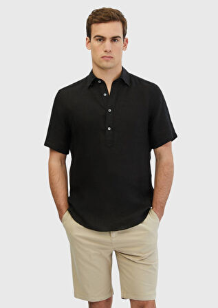 Siyah Düz Casual Fit Dokuma Casual %100 Keten Gömlek