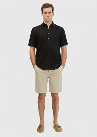 Siyah Düz Casual Fit Dokuma Casual %100 Keten Gömlek