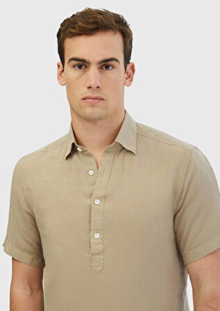 Vizon Düz Casual Fit Dokuma Casual %100 Keten Gömlek