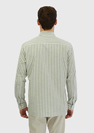 Açık Yeşil Çizgili Casual Fit Dokuma Casual %100 Pamuk Gömlek