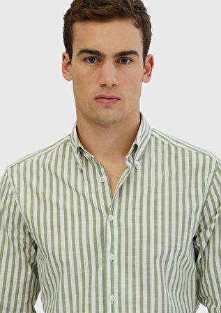 Açık Yeşil Çizgili Casual Fit Dokuma Casual %100 Pamuk Gömlek