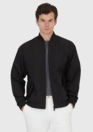 Siyah Regular Fit Dik Yaka Casual Dokuma Mont