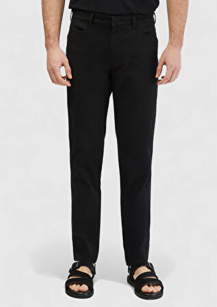 Siyah Düz Dokuma Regular Fit Casual Pamuk Karışımlı Pantolon