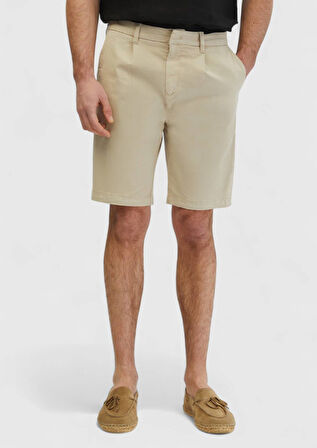 Bej Düz Dokuma Regular Fit Casual Pamuk Karışımlı Bermuda