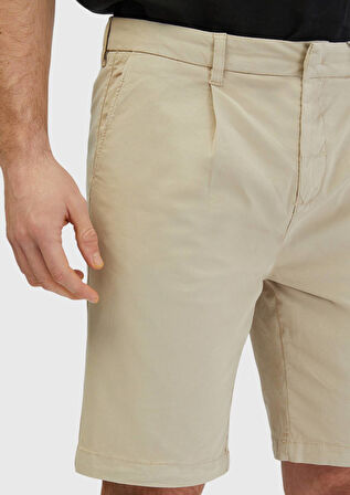 Bej Düz Dokuma Regular Fit Casual Pamuk Karışımlı Bermuda