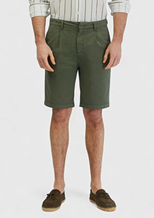 Haki Düz Dokuma Regular Fit Casual Pamuk Karışımlı Bermuda