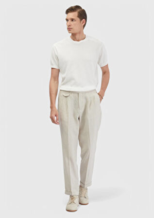 Kum Çizgili Dokuma Carrot Fit Casual %100 Keten Pantolon