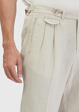 Kum Çizgili Dokuma Carrot Fit Casual %100 Keten Pantolon
