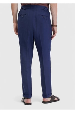 İndigo Çizgili Dokuma Carrot Fit Casual %100 Keten Pantolon