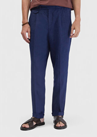 İndigo Çizgili Dokuma Carrot Fit Casual %100 Keten Pantolon