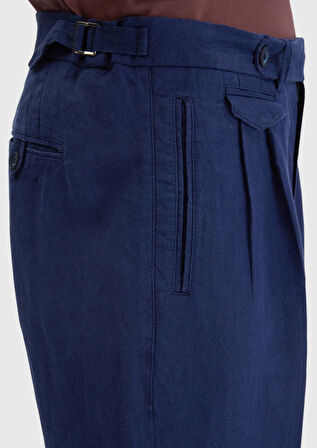 İndigo Çizgili Dokuma Carrot Fit Casual %100 Keten Pantolon