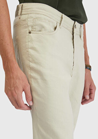 Bej Düz Dokuma Slim Fit Casual Keten Karışımlı Pantolon