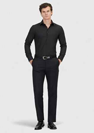 Siyah Düz Slim Fit Dokuma Klasik Pamuk Karışımlı Gömlek