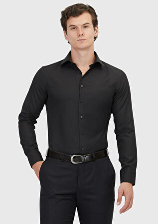 Siyah Düz Slim Fit Dokuma Klasik Pamuk Karışımlı Gömlek