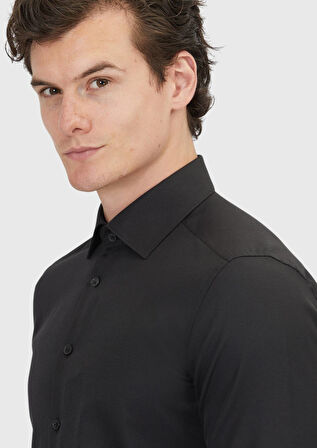 Siyah Düz Slim Fit Dokuma Klasik Pamuk Karışımlı Gömlek