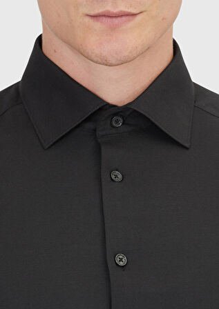 Siyah Düz Slim Fit Dokuma Klasik Pamuk Karışımlı Gömlek