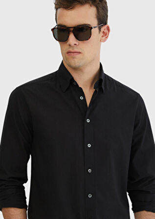 Siyah Düz Casual Fit Dokuma Casual %100 Pamuk Gömlek