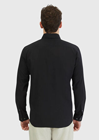 Siyah Düz Casual Fit Dokuma Casual %100 Pamuk Gömlek