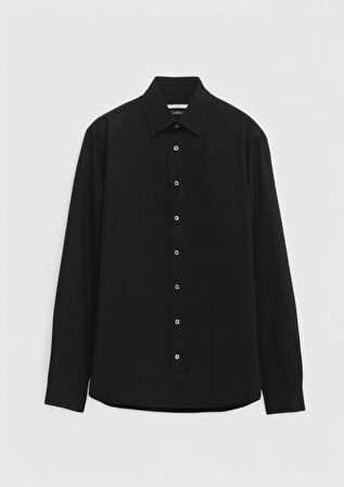 Siyah Düz Casual Fit Dokuma Casual %100 Pamuk Gömlek