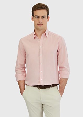 Pembe Düz Casual Fit Dokuma Casual %100 Pamuk Gömlek