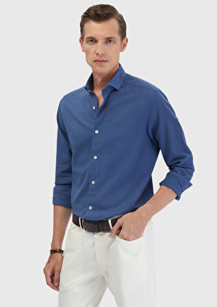 İndigo Düz Casual Fit Dokuma Casual %100 Pamuk Gömlek