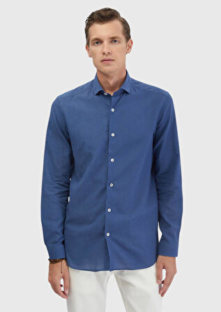 İndigo Düz Casual Fit Dokuma Casual %100 Pamuk Gömlek