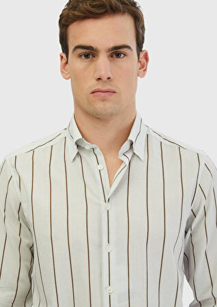 Açık Gri Baskılı Casual Fit Dokuma Casual %100 Pamuk Gömlek