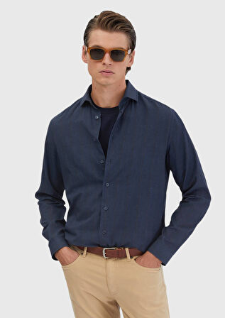 Lacivert Baskılı Casual Fit Dokuma Casual %100 Pamuk Gömlek
