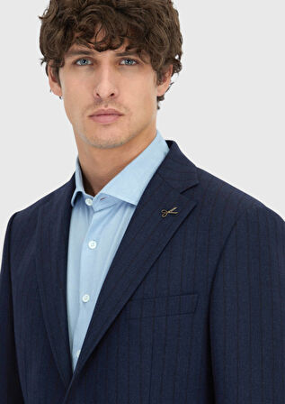 Lacivert Çizgili Zeroweight Slim Fit %100 Yün Takım Elbise