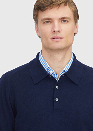 Lacivert Polo Yaka Düz Örgü %100 Kaşmir Triko Kazak