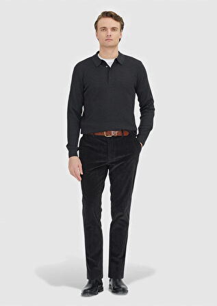 Antrasit Polo Yaka Jakarlı Yün Karışımlı Triko Kazak