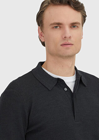 Antrasit Polo Yaka Jakarlı Yün Karışımlı Triko Kazak